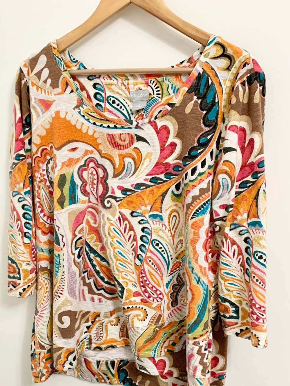 Chicos Paisley Scoop Neck 3/4 Sleeve Cotton Modal Top Blouse Shirt 3 - XL - Picture 3 of 8